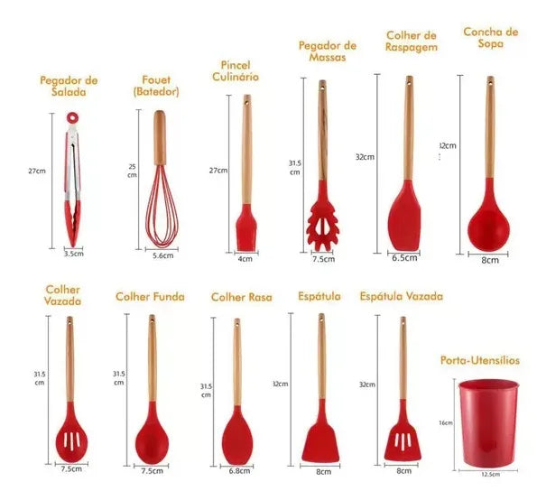 Kit Jogo 12 Peças de Cozinha Silicone (Colher Espátula kitchen Livre de BPA Antiaderente com Suporte)